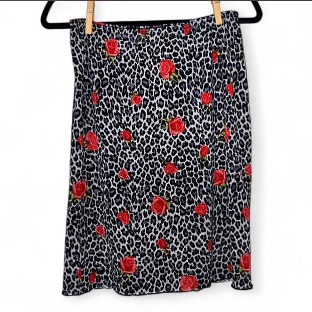 Y2K Leopard Print Knee Length Skirt With Red Roses